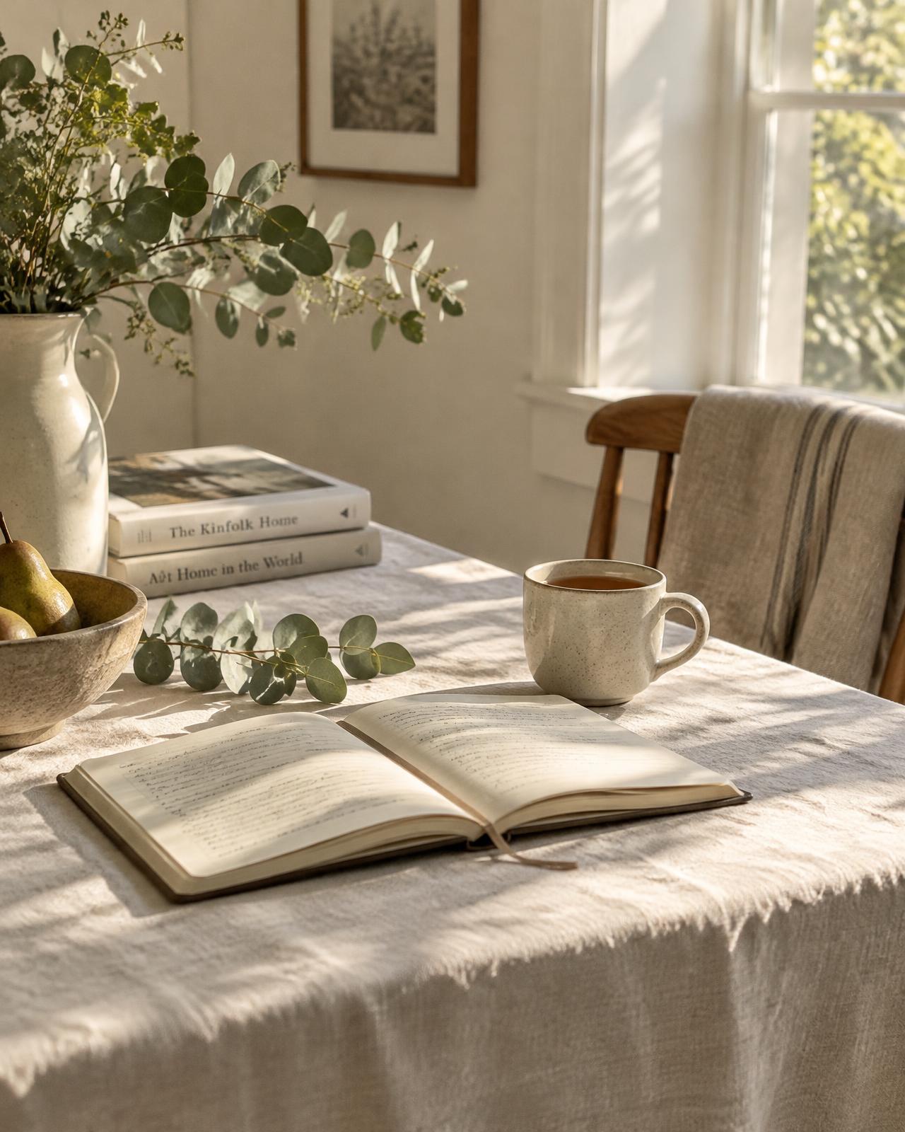 Open journal and tea on a sunlit linen table
